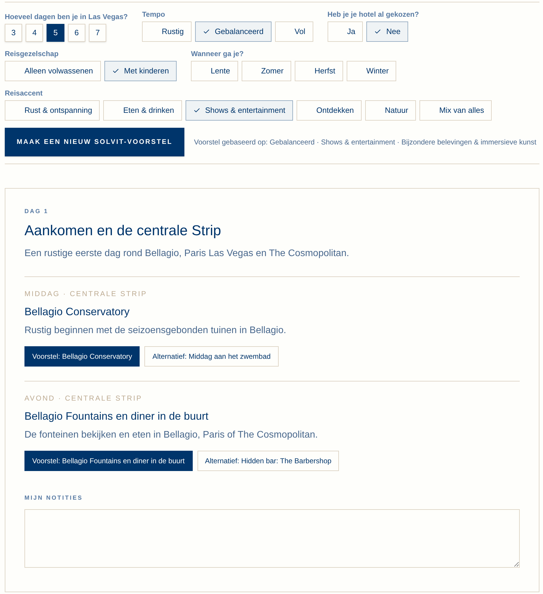 Het echte Travel Plan met persoonlijke instellingen en het programma van dag één